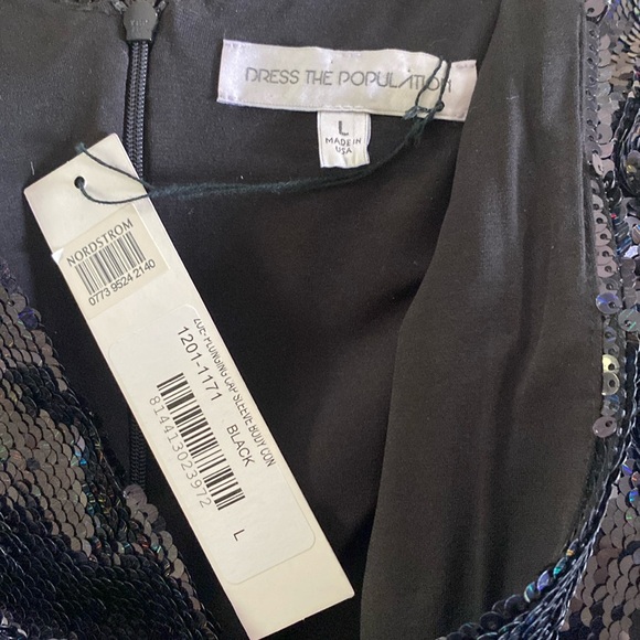 NWT Dress the Population Zoe Cap Sleeve Plunging Sequin Mini Dress black L - Picture 8 of 9